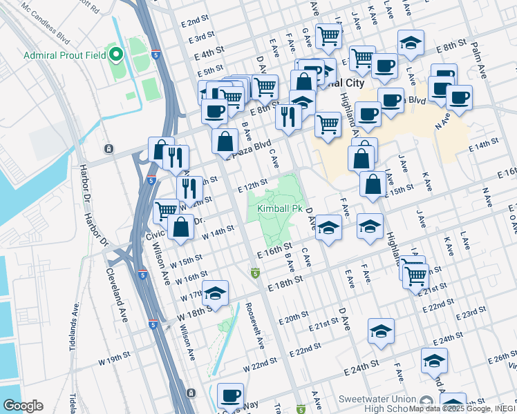 map of restaurants, bars, coffee shops, grocery stores, and more near 1259-1299 A Avenue in National City