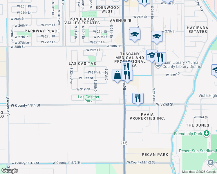 map of restaurants, bars, coffee shops, grocery stores, and more near 2716 West 31st Street in Yuma