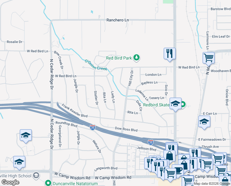 map of restaurants, bars, coffee shops, grocery stores, and more near 1210 Lady Lane in Duncanville