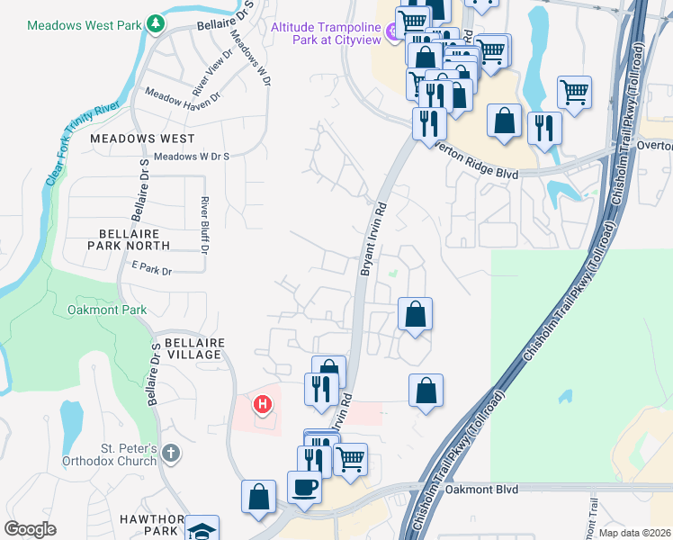map of restaurants, bars, coffee shops, grocery stores, and more near 5240 Welden Court in Fort Worth