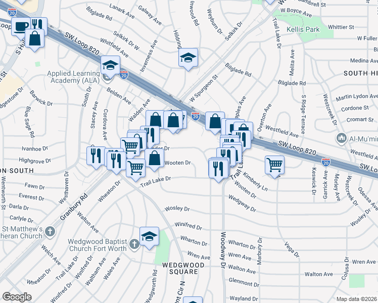 map of restaurants, bars, coffee shops, grocery stores, and more near 5328 Wonder Drive in Fort Worth