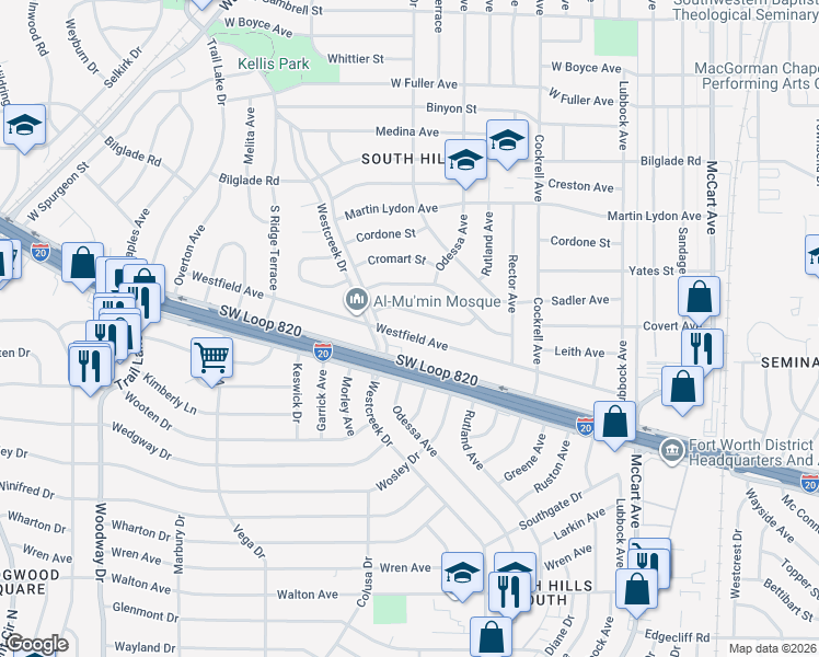 map of restaurants, bars, coffee shops, grocery stores, and more near 3412 Westfield Avenue in Fort Worth