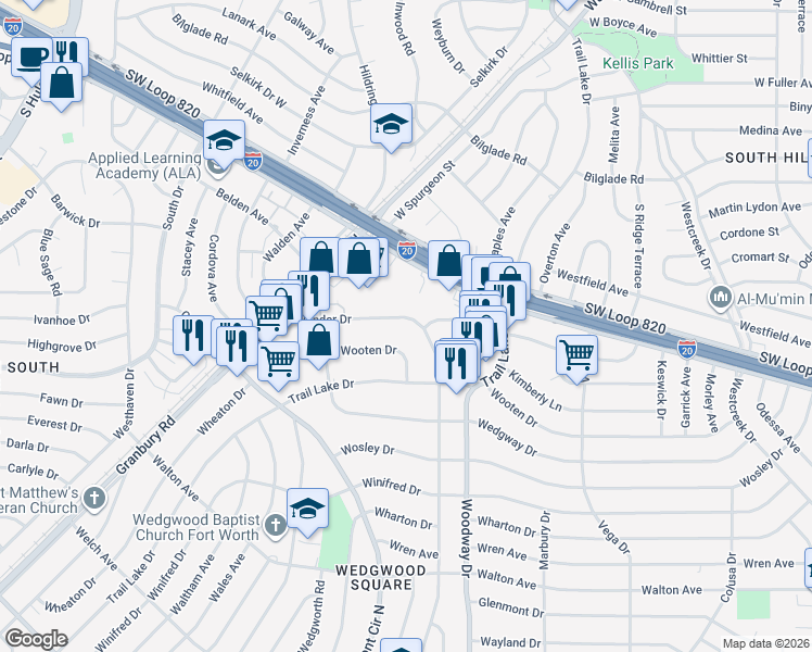 map of restaurants, bars, coffee shops, grocery stores, and more near 5336 Wonder Drive in Fort Worth