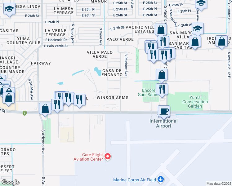 map of restaurants, bars, coffee shops, grocery stores, and more near 1465 East Laguna Place in Yuma