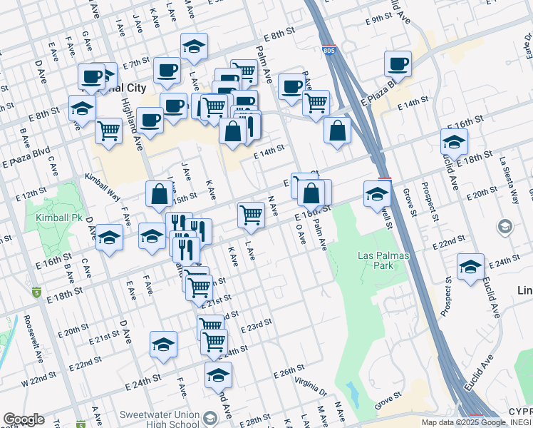 map of restaurants, bars, coffee shops, grocery stores, and more near 1321 East 18th Street in National City