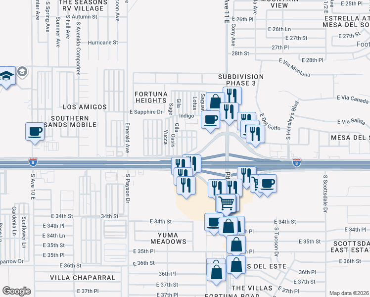 map of restaurants, bars, coffee shops, grocery stores, and more near Gila in Yuma