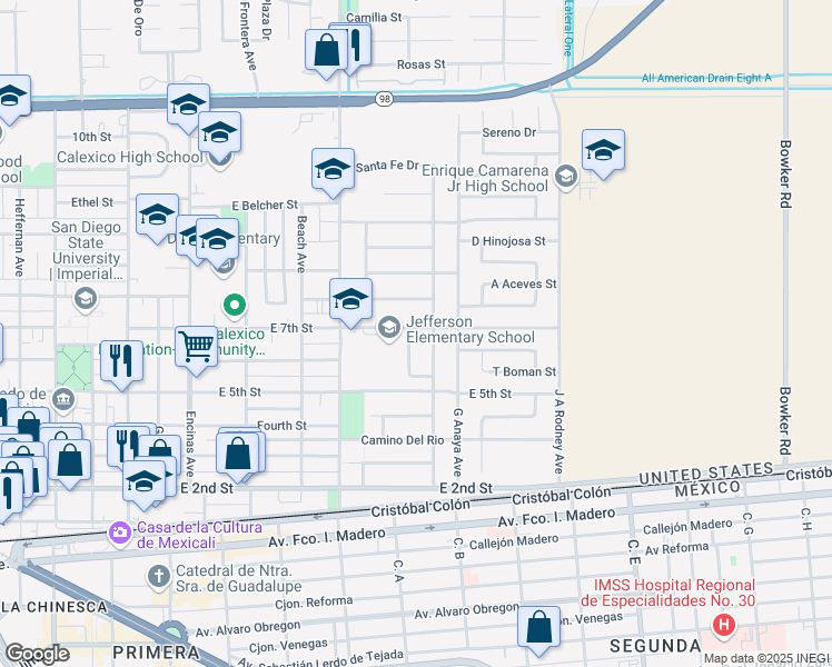 map of restaurants, bars, coffee shops, grocery stores, and more near 631-635 Paseo De Su Alteza in Calexico