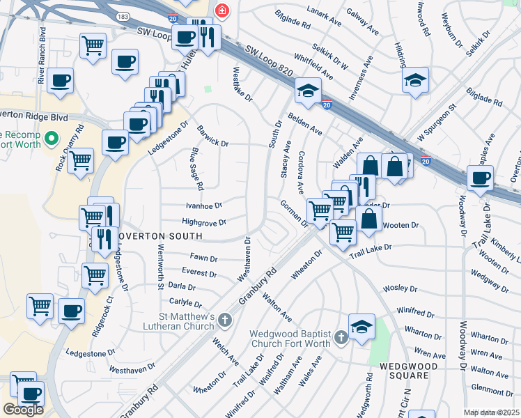 map of restaurants, bars, coffee shops, grocery stores, and more near 4334 Segura Court North in Fort Worth