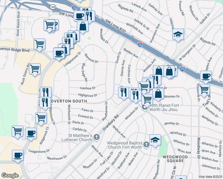 map of restaurants, bars, coffee shops, grocery stores, and more near 4334 Segura Court North in Fort Worth