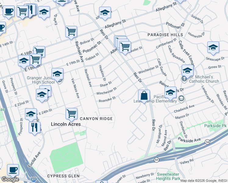 map of restaurants, bars, coffee shops, grocery stores, and more near 5723 Winchester Street in San Diego