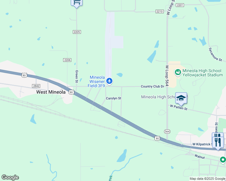 map of restaurants, bars, coffee shops, grocery stores, and more near 1417 Country Club Drive in Mineola