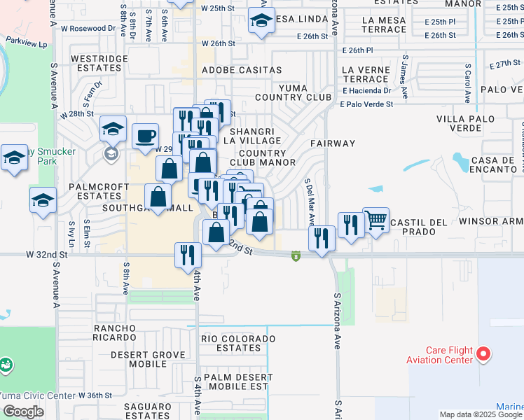 map of restaurants, bars, coffee shops, grocery stores, and more near 225 West Catalina Drive in Yuma