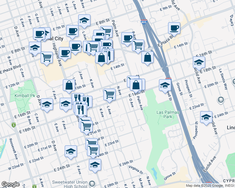 map of restaurants, bars, coffee shops, grocery stores, and more near 1740 N Avenue in National City