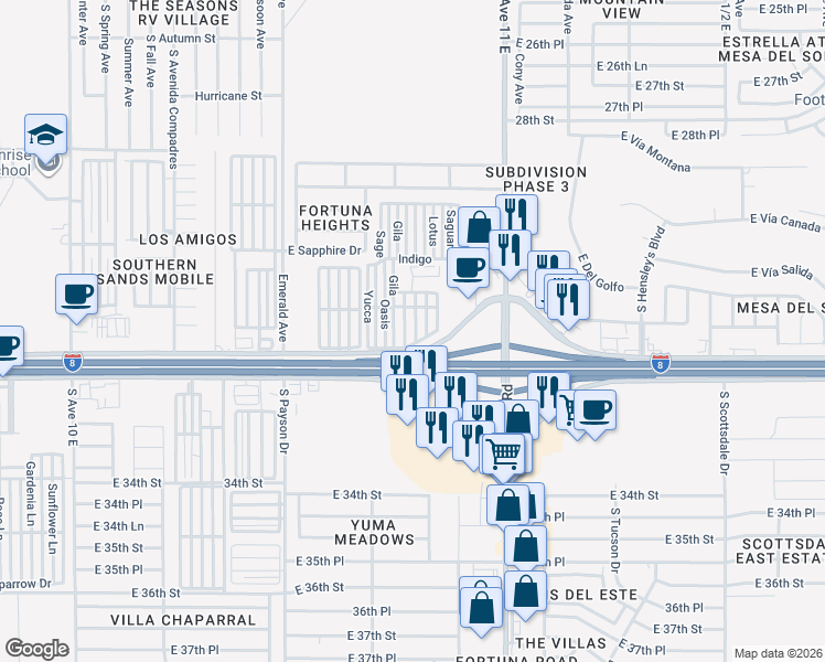map of restaurants, bars, coffee shops, grocery stores, and more near Gila in Yuma