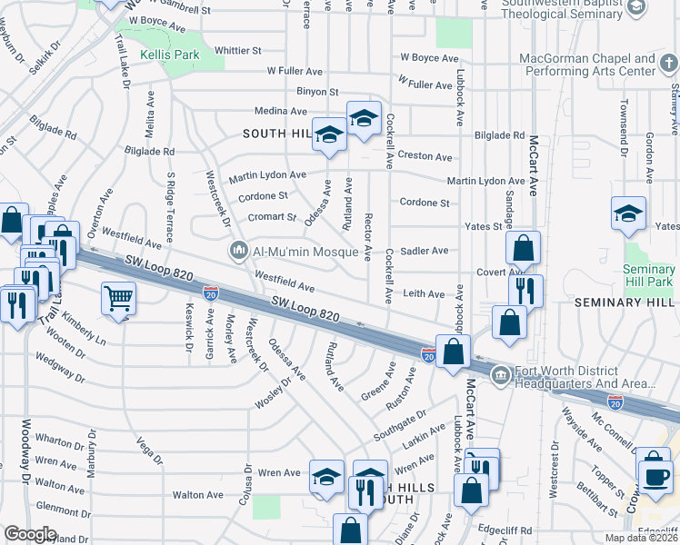 map of restaurants, bars, coffee shops, grocery stores, and more near 3121 Covert Avenue in Fort Worth
