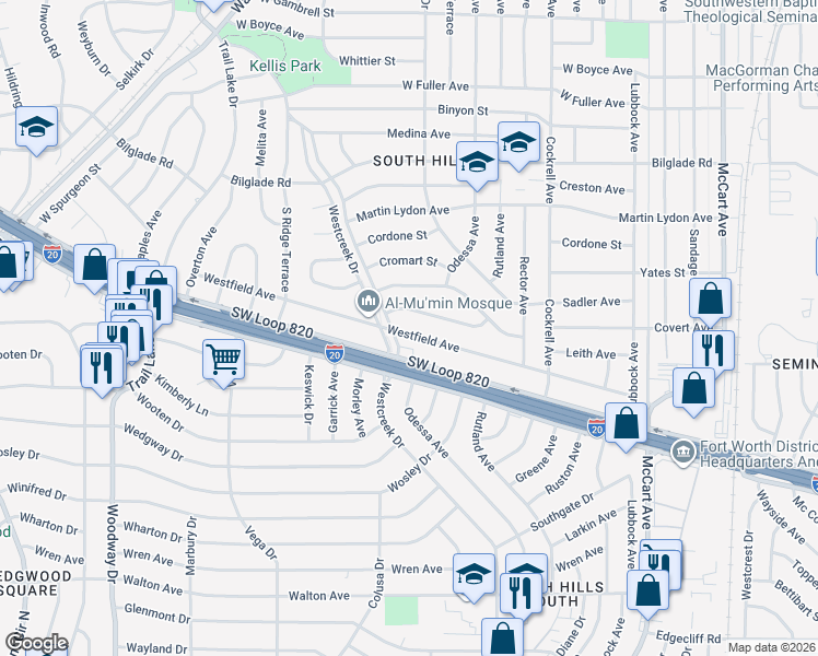 map of restaurants, bars, coffee shops, grocery stores, and more near 3412 Westfield Avenue in Fort Worth