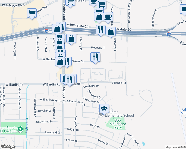 map of restaurants, bars, coffee shops, grocery stores, and more near 4603 Canyon Way in Arlington