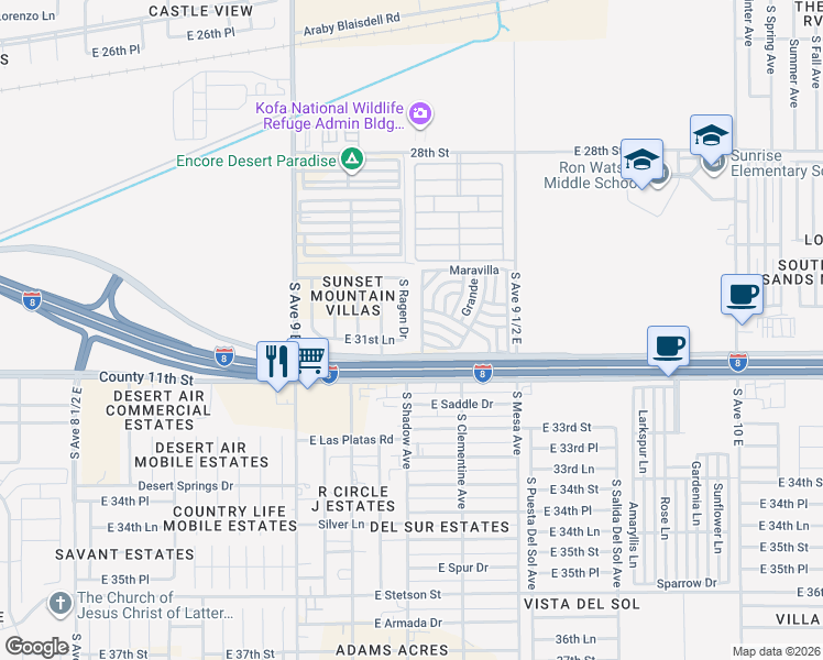 map of restaurants, bars, coffee shops, grocery stores, and more near 9243 East 31st Lane in Yuma