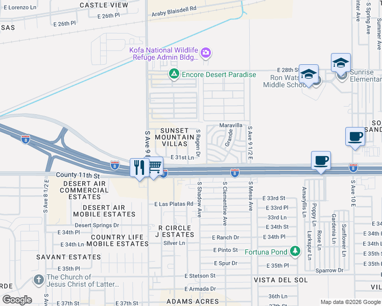 map of restaurants, bars, coffee shops, grocery stores, and more near 9243 East 31st Lane in Yuma