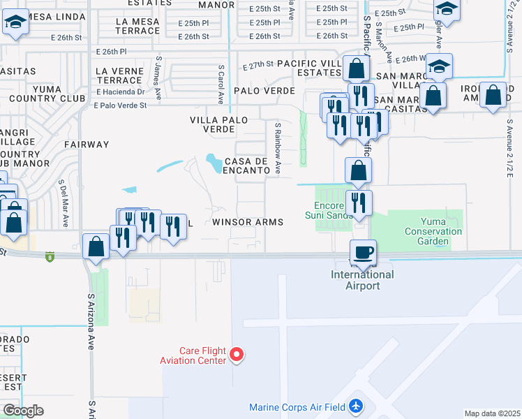 map of restaurants, bars, coffee shops, grocery stores, and more near 1465 East Laguna Place in Yuma