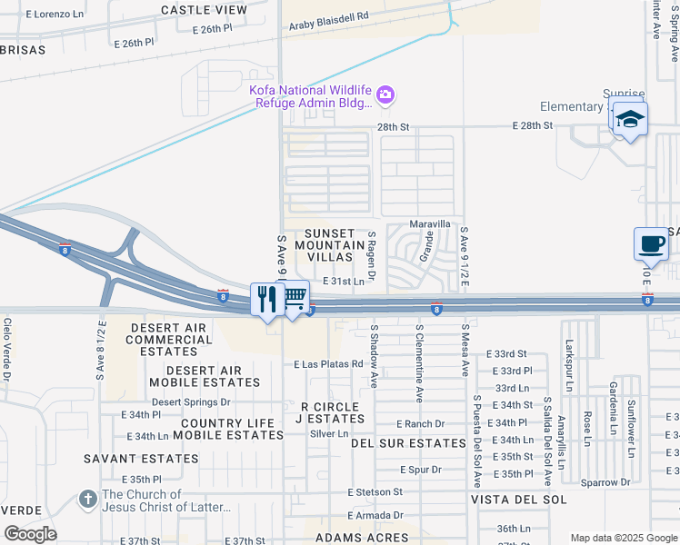 map of restaurants, bars, coffee shops, grocery stores, and more near 3187 South Todd Avenue in Yuma
