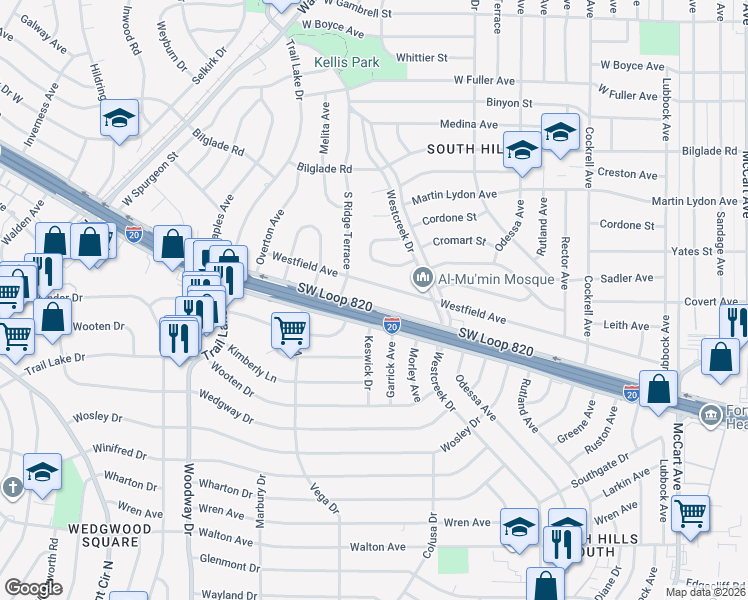 map of restaurants, bars, coffee shops, grocery stores, and more near 3550 Southwest Loop 820 in Fort Worth