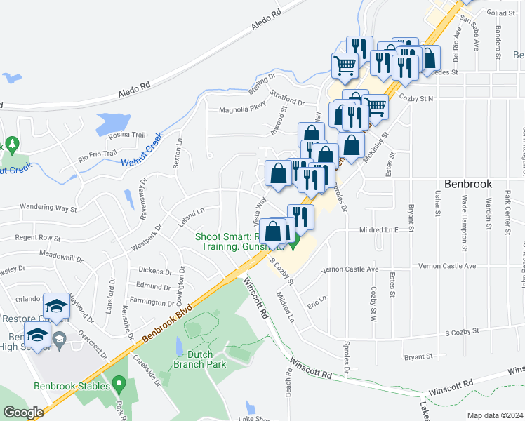 map of restaurants, bars, coffee shops, grocery stores, and more near 228 Vista Way in Benbrook