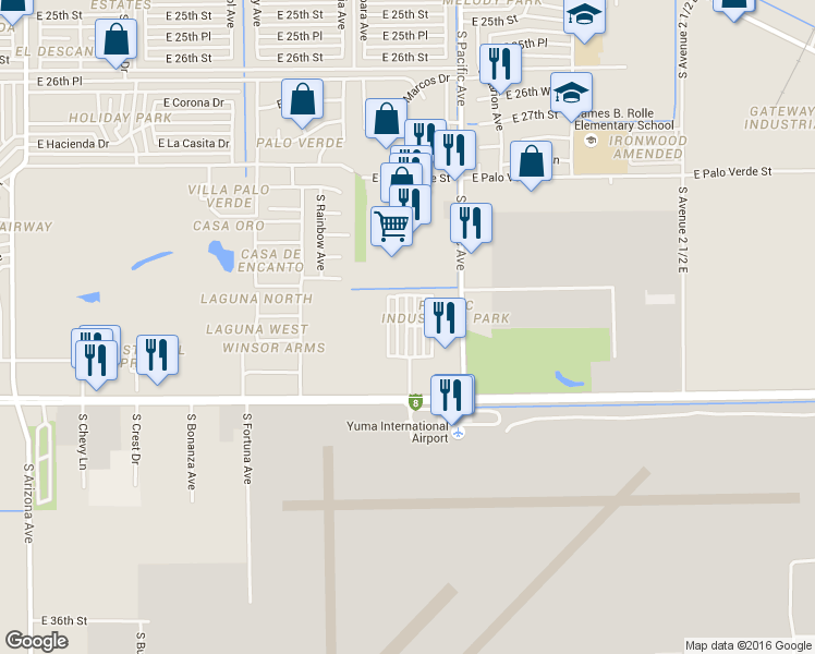 map of restaurants, bars, coffee shops, grocery stores, and more near 1960 East 32nd Street in Yuma