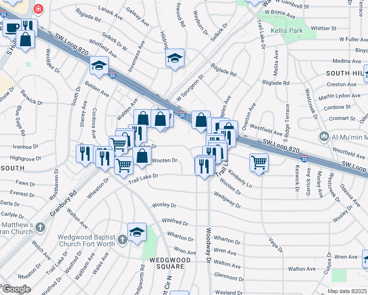 map of restaurants, bars, coffee shops, grocery stores, and more near 5338 Wonder Drive in Fort Worth