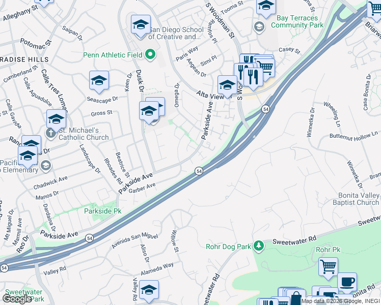 map of restaurants, bars, coffee shops, grocery stores, and more near 2863 Carmar Way in San Diego