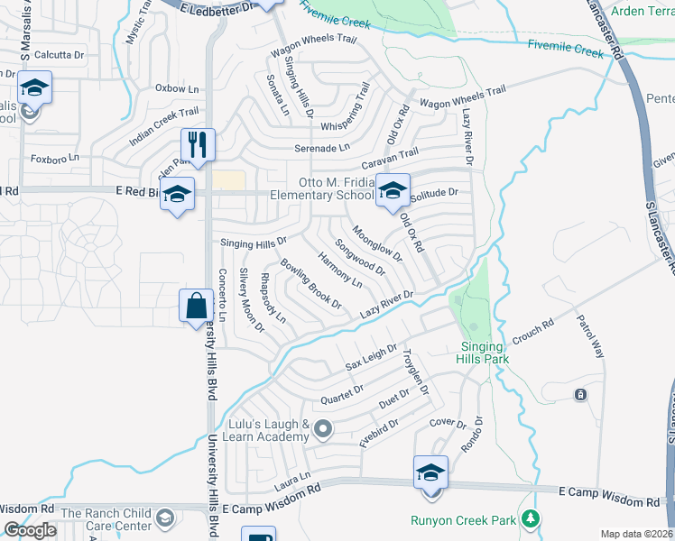 map of restaurants, bars, coffee shops, grocery stores, and more near 6228 Harmony Lane in Dallas