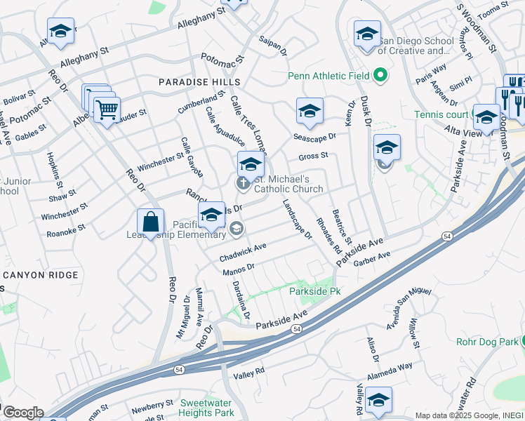 map of restaurants, bars, coffee shops, grocery stores, and more near 6250 Plateau Drive in San Diego