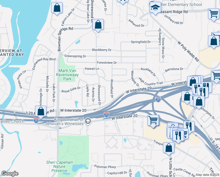 map of restaurants, bars, coffee shops, grocery stores, and more near 4715 Woodfield Drive in Arlington