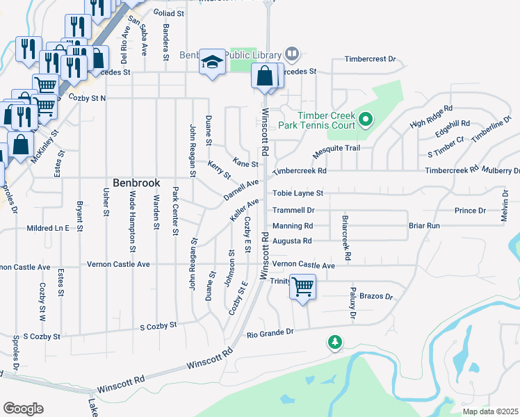 map of restaurants, bars, coffee shops, grocery stores, and more near 1105 Cozby Street East in Benbrook