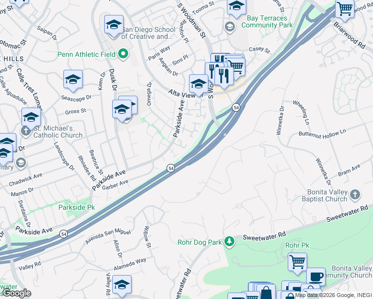 map of restaurants, bars, coffee shops, grocery stores, and more near 6759 Parkside Avenue in San Diego