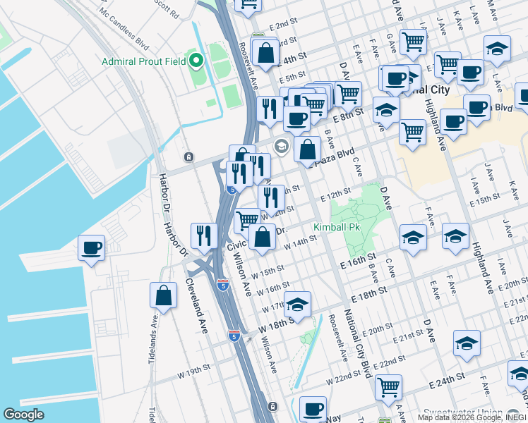 map of restaurants, bars, coffee shops, grocery stores, and more near 1129 Coolidge Avenue in National City
