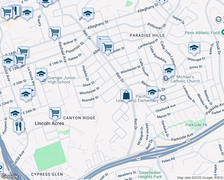 map of restaurants, bars, coffee shops, grocery stores, and more near 5819 Roanoke Street in San Diego