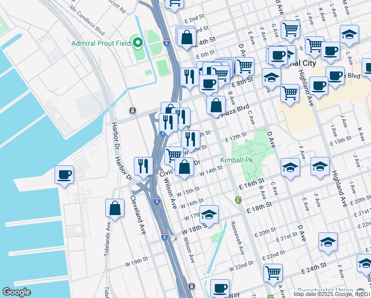 map of restaurants, bars, coffee shops, grocery stores, and more near 1129 Coolidge Avenue in National City