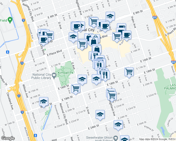 map of restaurants, bars, coffee shops, grocery stores, and more near 1427 F Avenue in National City