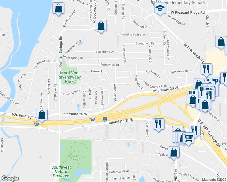 map of restaurants, bars, coffee shops, grocery stores, and more near 4708 Woodfield Drive in Arlington