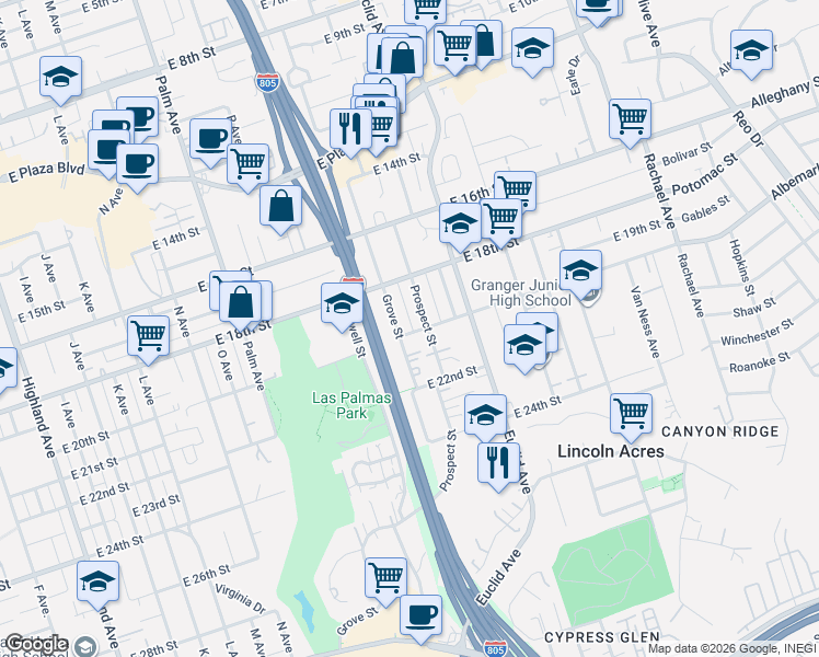 map of restaurants, bars, coffee shops, grocery stores, and more near 2005 Grove Street in National City