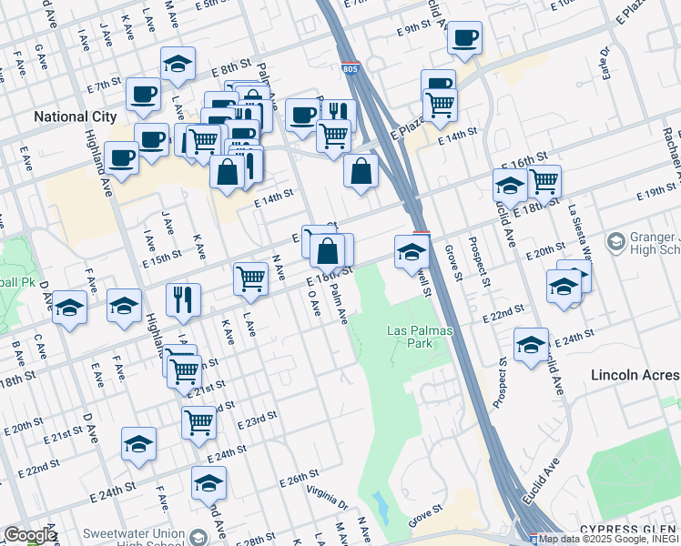 map of restaurants, bars, coffee shops, grocery stores, and more near 1810 Palm Avenue in National City