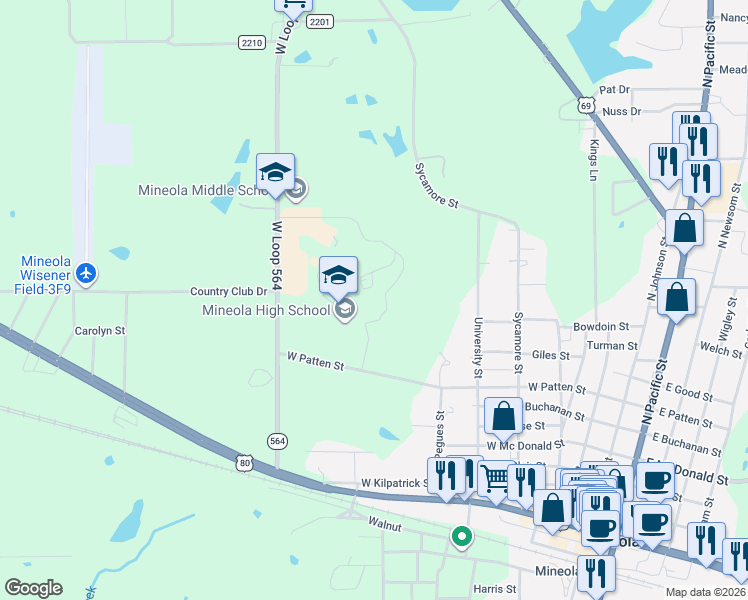 map of restaurants, bars, coffee shops, grocery stores, and more near 900 West Patten Street in Mineola