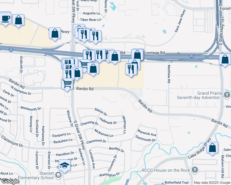 map of restaurants, bars, coffee shops, grocery stores, and more near 2308 Bardin Road in Grand Prairie