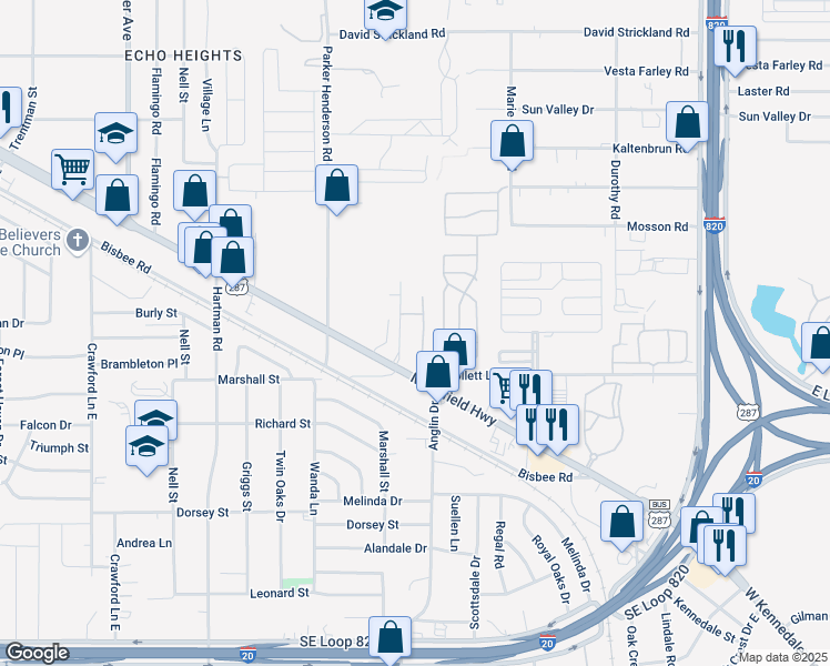 map of restaurants, bars, coffee shops, grocery stores, and more near 6051 High Creek Drive in Fort Worth