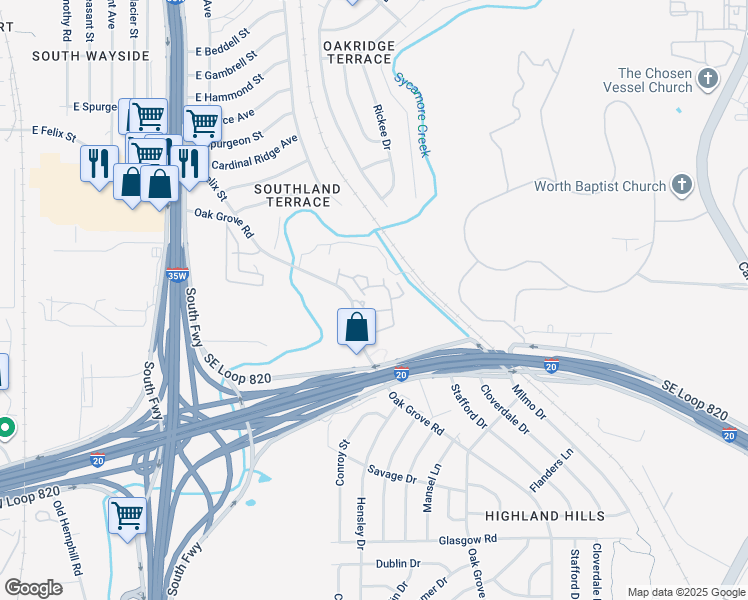 map of restaurants, bars, coffee shops, grocery stores, and more near 1021 Oak Grove Road in Fort Worth