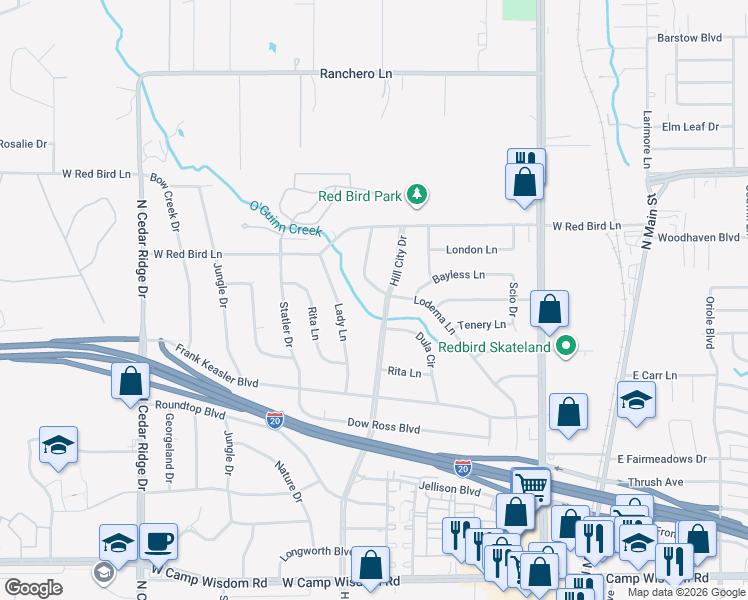 map of restaurants, bars, coffee shops, grocery stores, and more near 415 Dula Circle in Duncanville