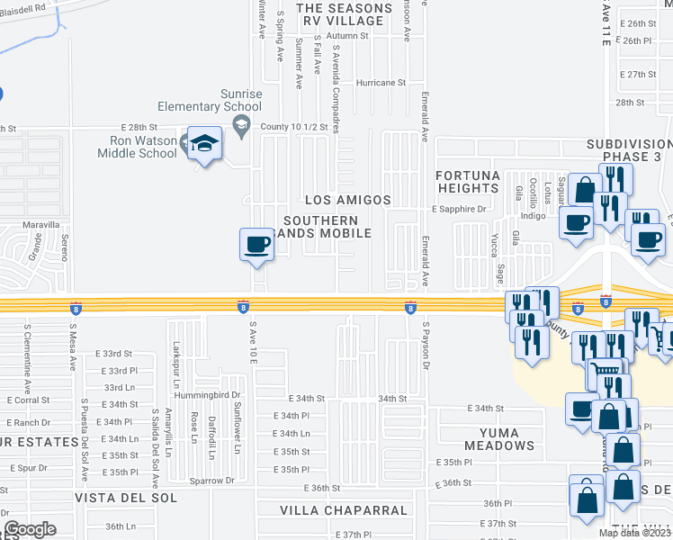 map of restaurants, bars, coffee shops, grocery stores, and more near Avenue Compadres in Yuma