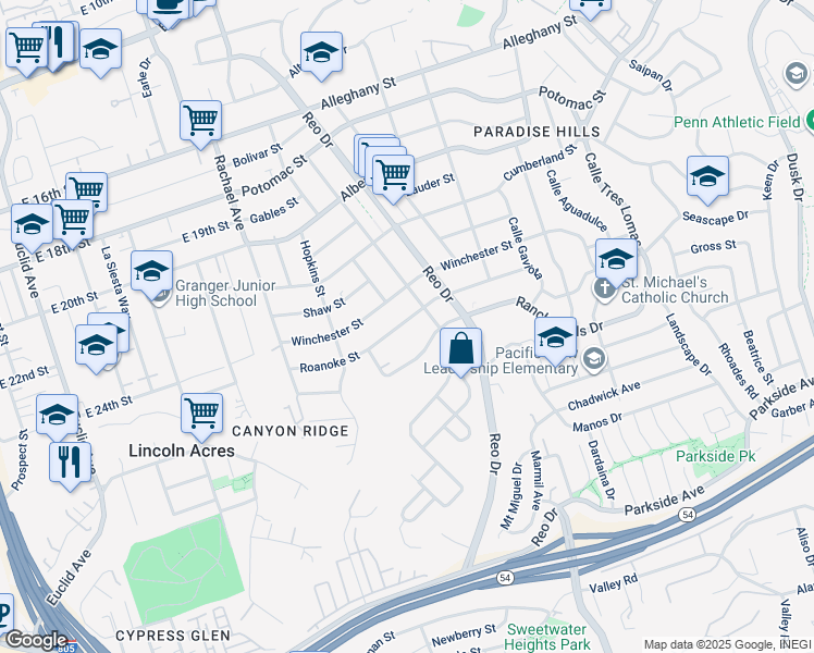 map of restaurants, bars, coffee shops, grocery stores, and more near 5819 Roanoke Street in San Diego