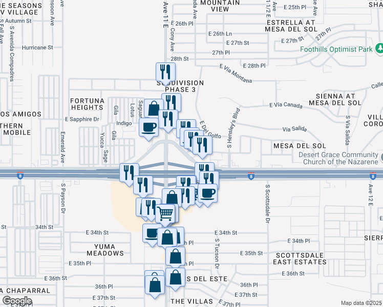 map of restaurants, bars, coffee shops, grocery stores, and more near 11211 East Commercial Center Loop in Yuma